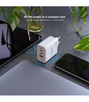 TooQ Cargador de Pared GaN 2USB-C PD + USB-A QC 65W, Blanco