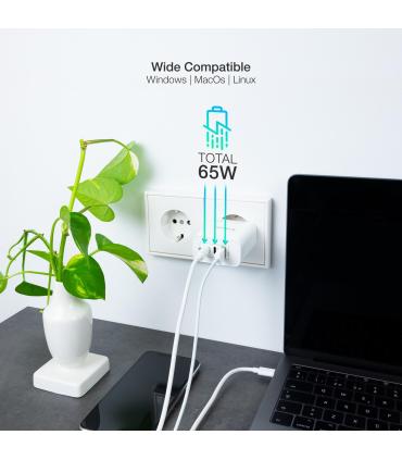 TooQ Cargador de Pared GaN 2USB-C PD + USB-A QC 65W, Blanco