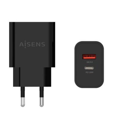 AISENS Cargador 20W, 1xUSB-C PD3.0, 1xUSB-A QC3.0, Negro