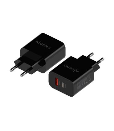 AISENS Cargador 20W, 1xUSB-C PD3.0, 1xUSB-A QC3.0, Negro