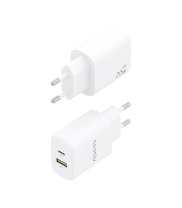 AISENS Cargador GaN 20W, 1xUSB-C PD3.0, 1xUSB-A QC3.0, Blanco