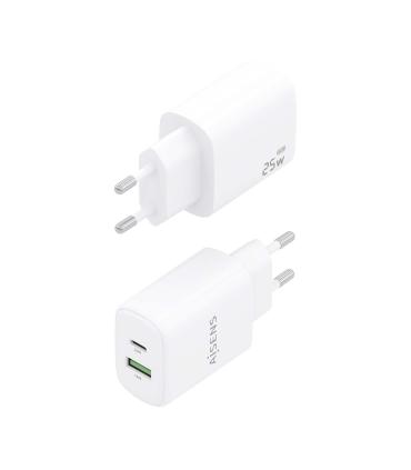 AISENS Cargador GaN 25W, 1xUSB-C PD3.0, 1xUSB-A QC3.0, Blanco