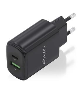 AISENS Cargador GaN 25W, 1xUSB-C PD3.0, 1xUSB-A QC3.0, Negro