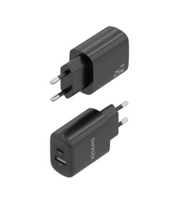 AISENS Cargador GaN 25W, 1xUSB-C PD3.0, 1xUSB-A QC3.0, Negro