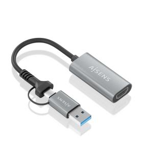 AISENS Conversor Aluminio USB-A+USB-C A HDMI 1080P@60Hz, USB-A M+USB-C M-HDMI H, Gris, 15cm