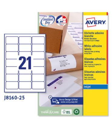 PAQUETE 25 HOJAS ETIQUETAS BLANCAS QUICK DRY-IMPRESORAS DE INYECCIN DE TINTA-63,5X38,1 MM AVERY J8160-25