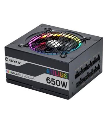 Fuente De Alimentacin Unyka 650w Atilius Rgb Black Cableado Modular Apfc Activo Eficiencia Energetica 90% Ventilador Rgb 120