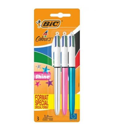 Bolgrafos de Tinta de Aceite Retrctil Bic 4 Colors Shine 9122751/ 3 unidades/ 4 Colores de Tinta/ Cuerpo Color Brillante