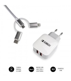 SUBBLIM CARGADOR USB DE VIAJE/PARED 2xUSB (2.4A) + CABLE 3EN1 WHITE Plata, Blanco Interior