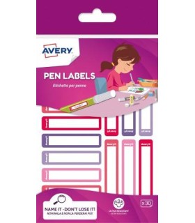 PAQUETE 30 ETIQUETAS PARA BOLIGRAFOS Y LAPICES ROSA Y VIOLETA 50X10MM AVERY RESMI30F-UK