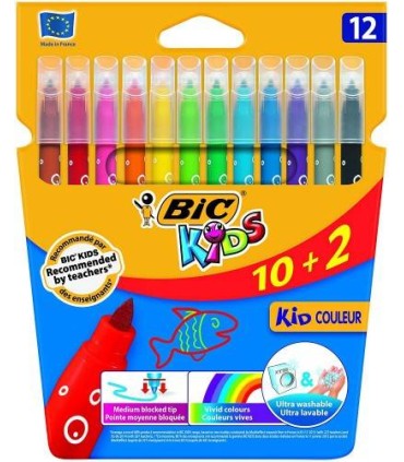 ESTUCHE 10+2 ROTULADORES ULTRALAVABLES KID COULEUR TRAZO 0,8MM. 12 COLORES BIC 9202942