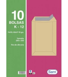 PAQUETES DE 10 BOLSAS KRAFT, CON TIRA DE SILICONA TAMAO 250X353 90 GRS. SAM 665101