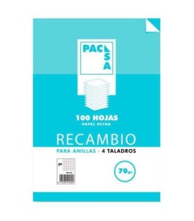 RECAMBIO 70 GRS. 4 TALADROS FOLIO (215X310MM.) 100 HOJAS CUADRCULA 4X4 CON MARGEN PACSA 21211