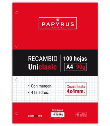 RECAMBIO PAQUETE 100 HOJAS A4 UNICLASIC 90 GR. 4X4 CON MARGEN PAPYRUS 53391000