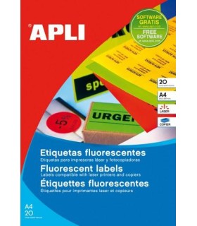 PACK 20 HOJAS (20UD.)ETIQUETAS AMARILLO FLUORESCENTE PERMANENTES 210,0 X 297,0 MM APLI 2878