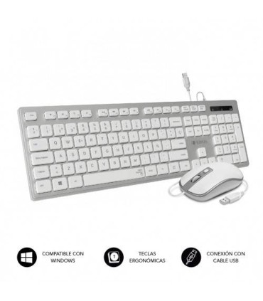 SUBBLIM Teclado Ergonmico y ratn con cable USB Plano Silencioso Plateado/Blanco Ergo