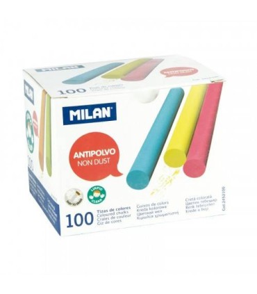 CAJA 100 TIZAS DE CARBONATO DE CALCIO DE COLORES REDONDAS -ANTIPOLVO MILAN 2452100